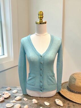 J. Crew Italian Spun Alpaca Blend Cardigan Aqua Blue Rhinestone Buttons Sz XXS